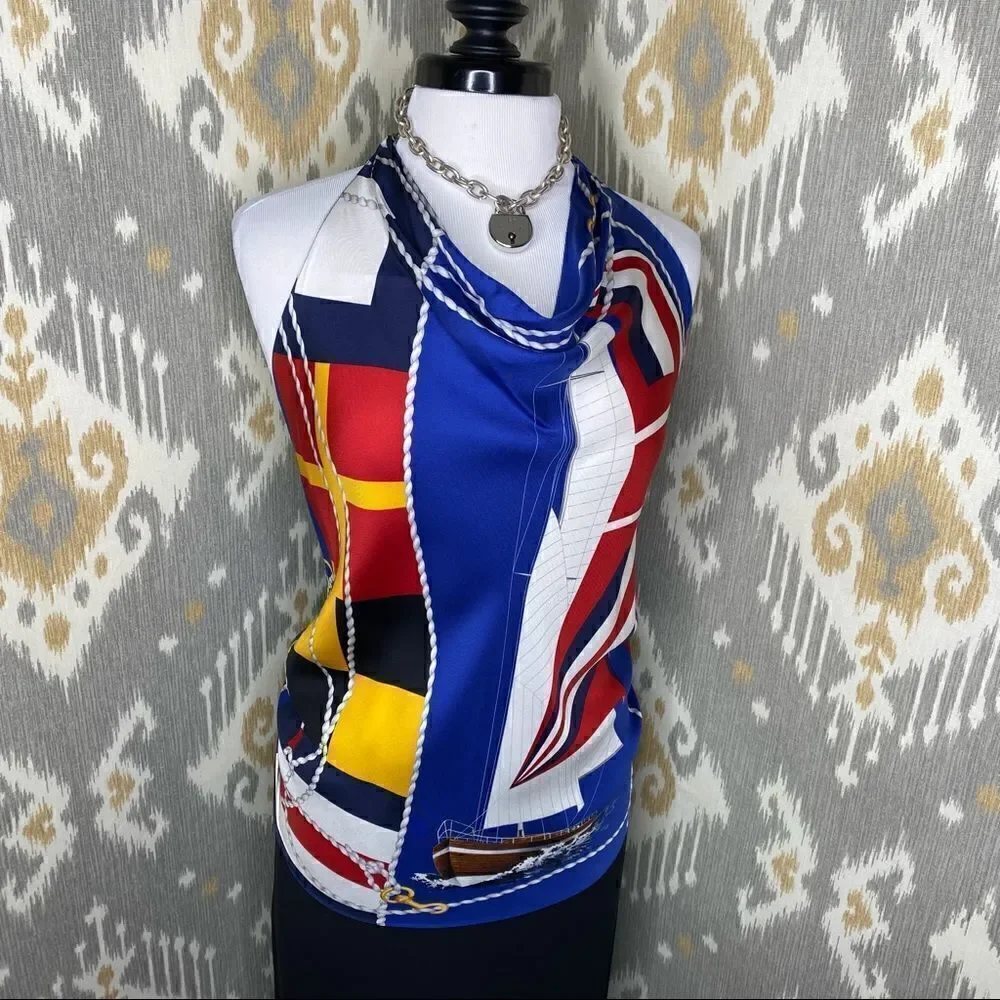Ralph Lauren Multi Regatta Yacht Silk Scarf Silver Link Necklace Halter Top - Picture 2 of 16